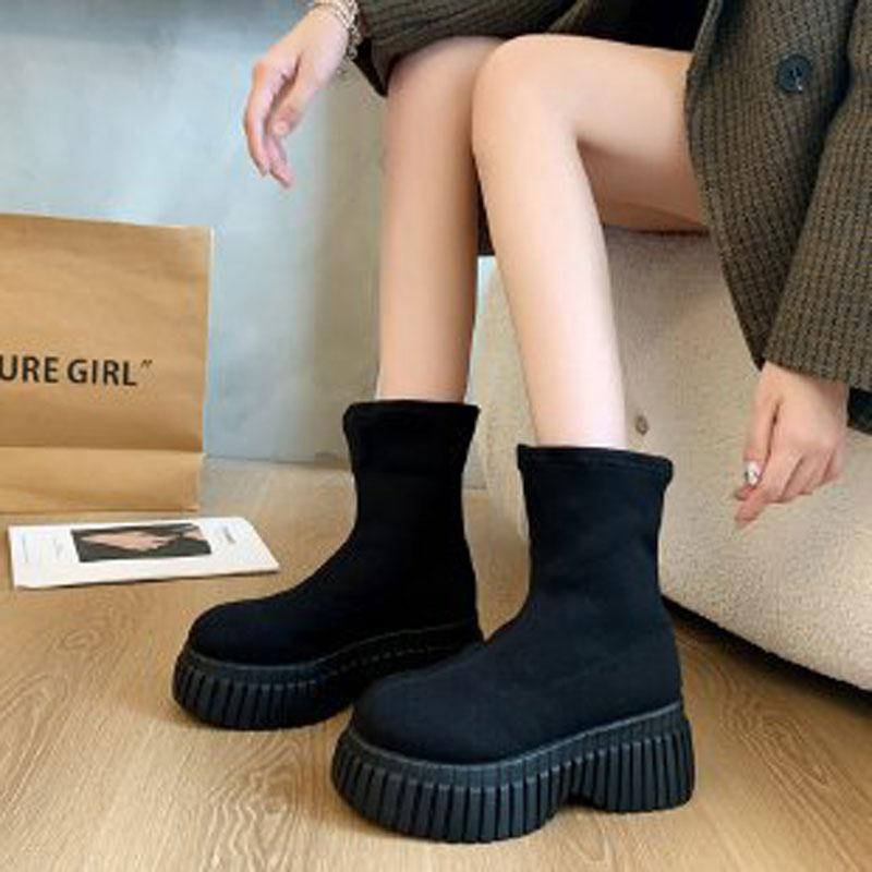 Modă 2025 Toamnă Nou Botine din Material Elastic pentru Femei cu Tălpi Groase cu Platformă Botine la Modă pentru Fete Pantofi Gotici Botine pentru Femei Până la Genunchi