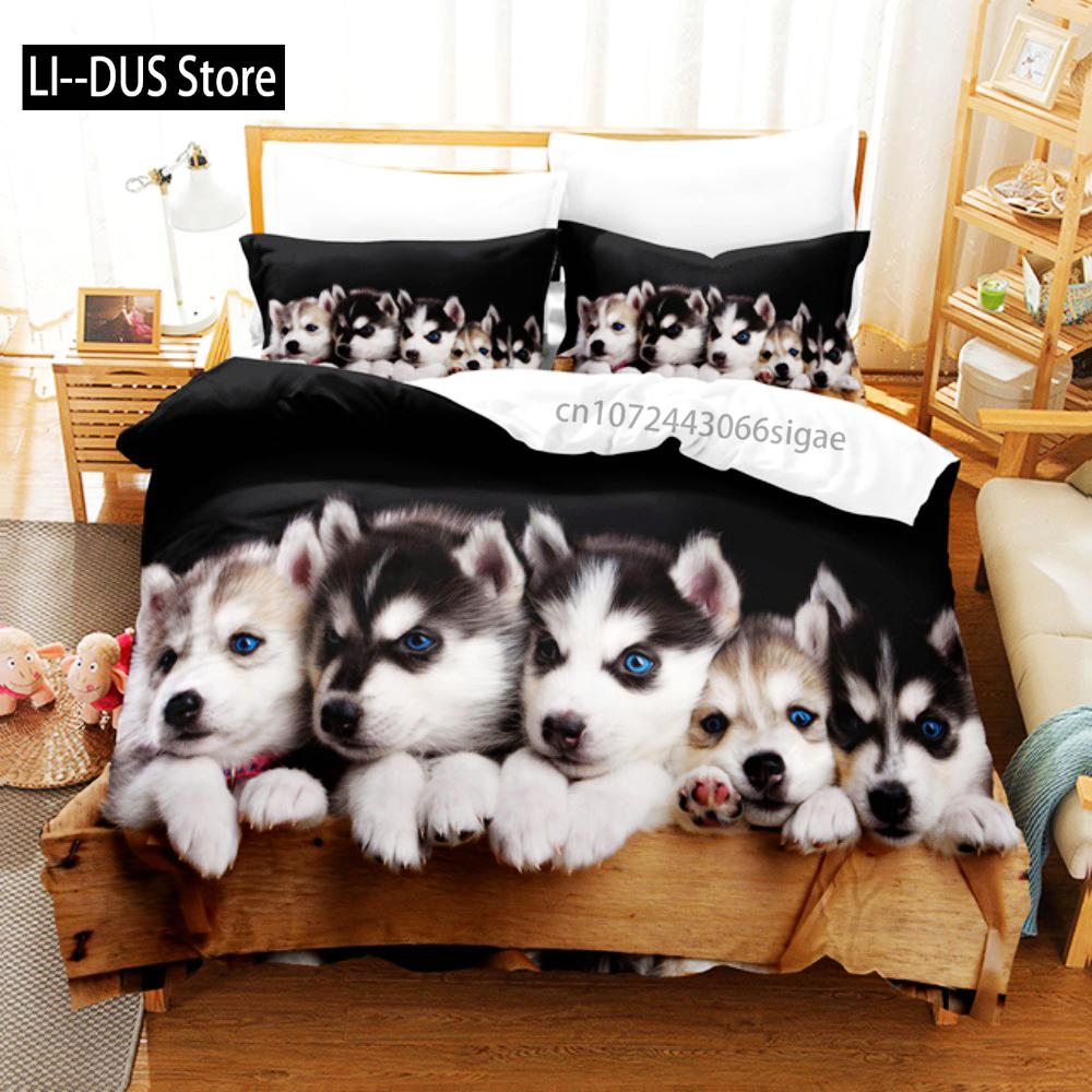 Cute White Dogs Bedding Set Lovely Puppy Husky Comforter Set King Queen Size Duvet Cover Set With Pillowcase Bed Linen For Girls