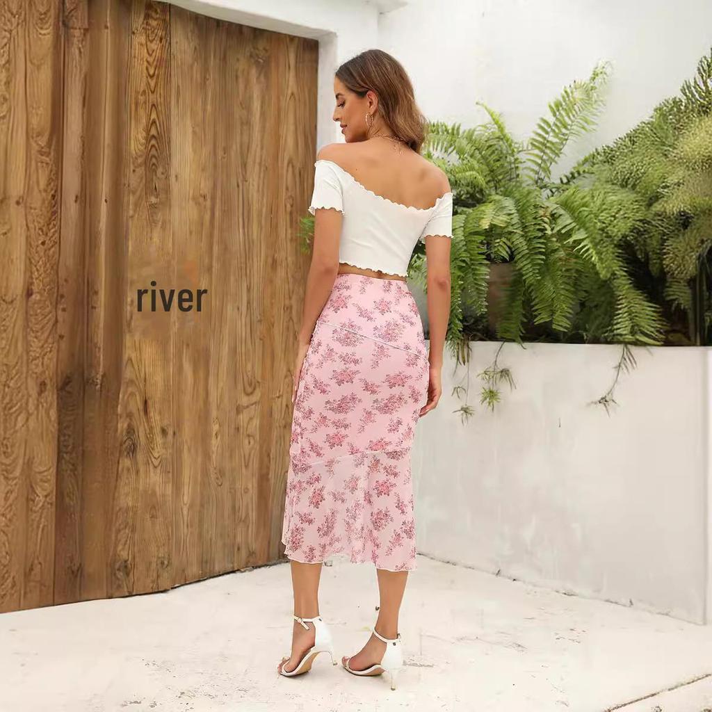 Summer 2024 Mesh Print Double-Layer Fishtail Skirt