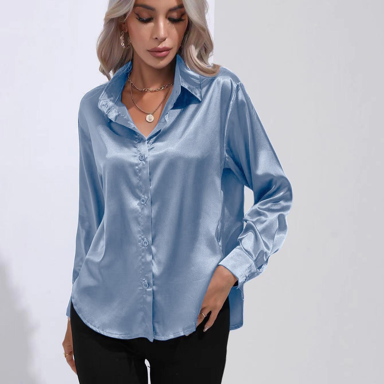 

Женская простая блузка, весенний новый кардиган с V-образным вырезом, свободная рубашка с длинным рукавом и пуговицами 2XL светло-синий