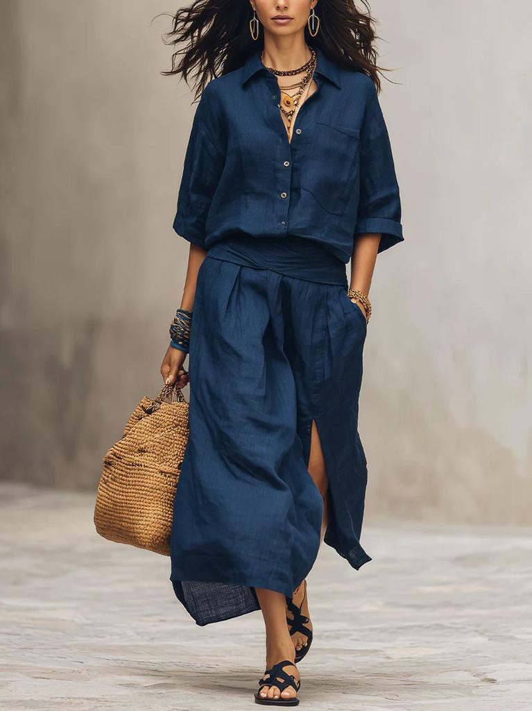 Completo 2 Pezzi Donna Bohemian Tinta Unita Collo a Revers Manica 3/4 Gonna a Vita Alta con Spacco