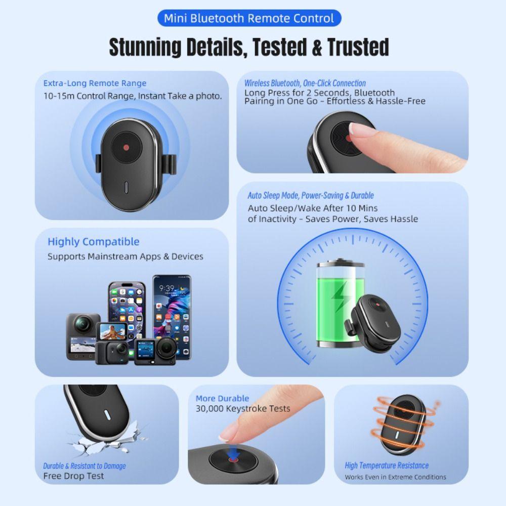 20M Bluetooth Remote Control Mini Portable Camera Wireless Shooting Controller for DJI Action6/5/4/Osmo 360/Insta360