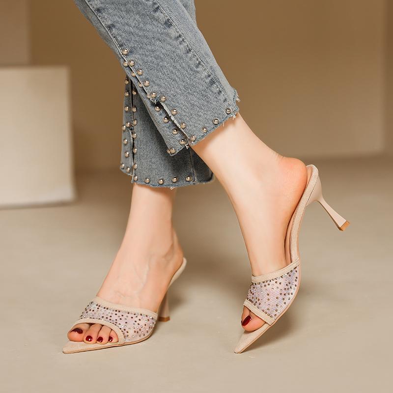 

Fashionable Versatile High Heel Slippers Pointed Toe Rhinestone Decorated One-piece Strap Sandals Casual Elegant Ladies Shoes 42 бежевий
