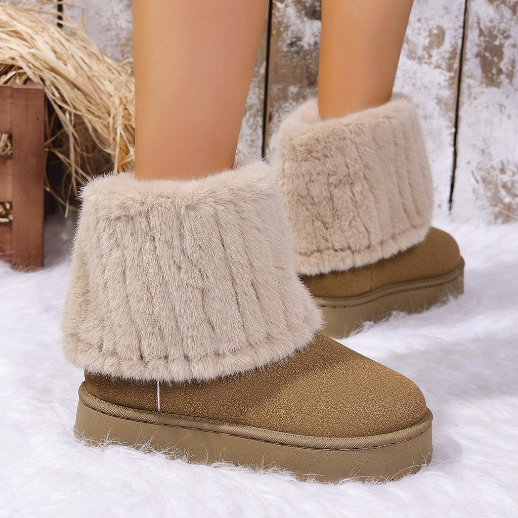 Winter Long Tube Women's Fur Integrated Snow Boots, Short Fur Furry Flat Bottom Tube for Warmth, Snow Cotton Shoes for Warmth