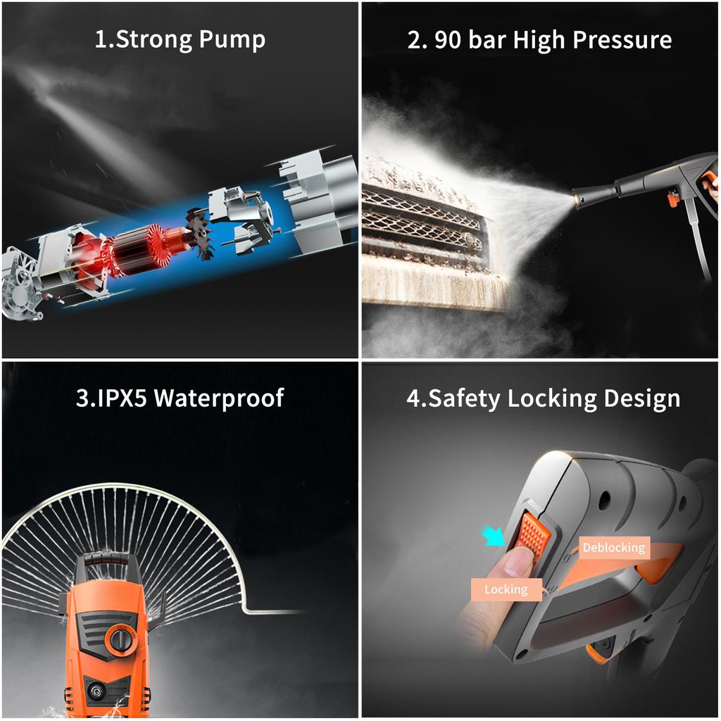 1200W Electric Pressure Washer 90Bar 5L/Min High Pressure Washer Portable Car Washer with Quick-Connect Hose Bike Motorcycle Cleaner Machine Watering