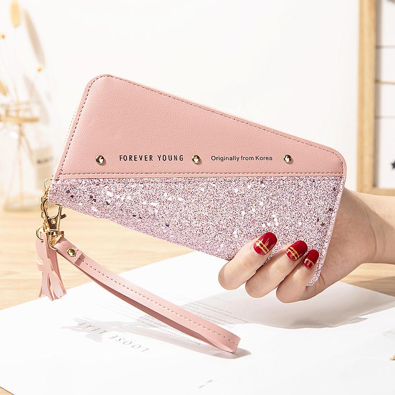 Women's Long Zipper Wallet: Korean Style Patchwork with Tassel & Rivet Phone Bag