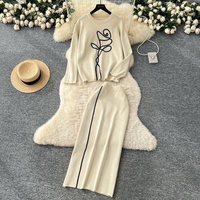 Automne Hiver Femmes Pull Tricoté à Fleurs Ensemble Deux Pièces Haut Pull à Manches Longues et Jupe Fourreau Midi Longue Slim Moulante Tenues