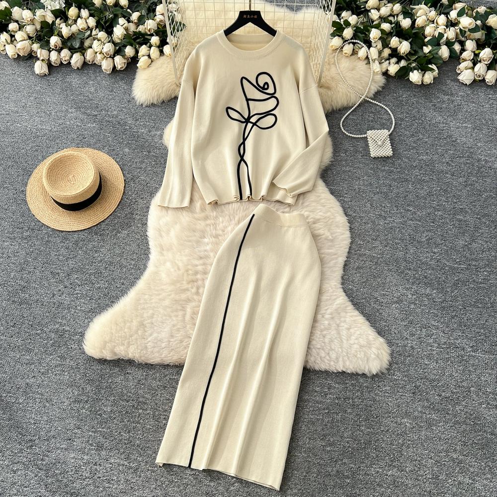 Autumn Winter Women Flower Knitted Sweater Two Piece Set Full Sleeve Pullover Top and Long Midi Slim Bodycon Sheath Skirt Outfits