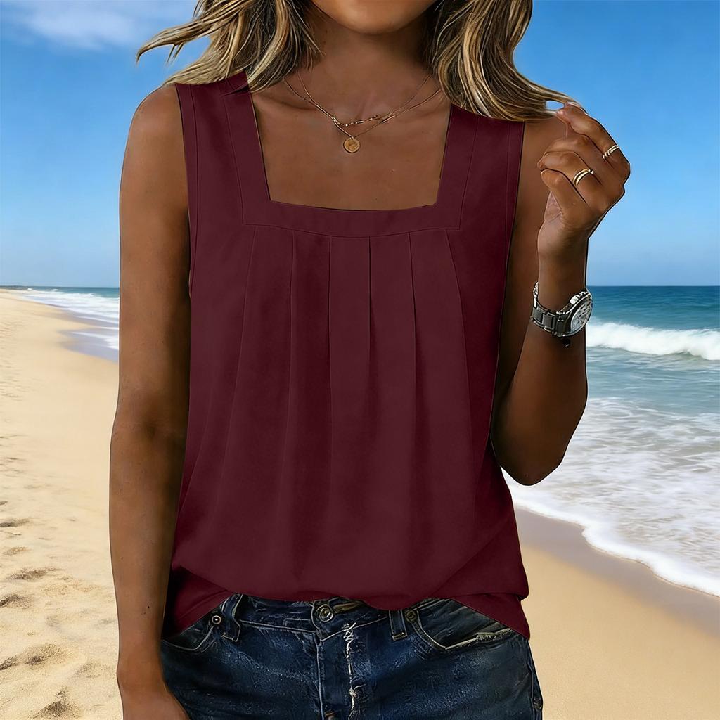 Women’s Square Neck Pleated Tank Top Sleeveless Casual Blouse Loose Fit Lightweight Pullover Shirt for Daily Wear