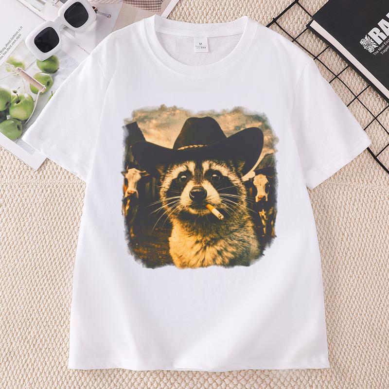 Funny Cowboy Raccoon TShirt Animal Meme Graphic Tee Vintage Comfortable Cotton Short Sleeve Loose Tees Streetwear