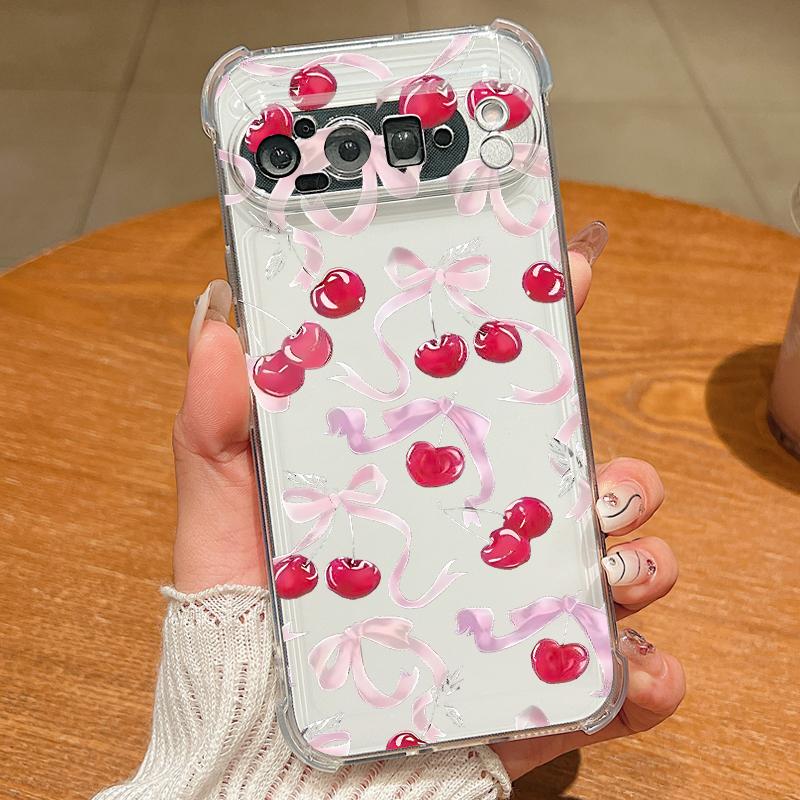 Bowknots Cherry Pattern Case For Google Pixel 9 Pro XL 9A Shockproof TPU Silicone Clear Soft Cover