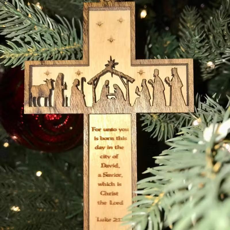 1pc 3D Nativity Scene Wooden Cross Ornament, Handmade Christmas Tree Decoration, Home And Religious Decoration