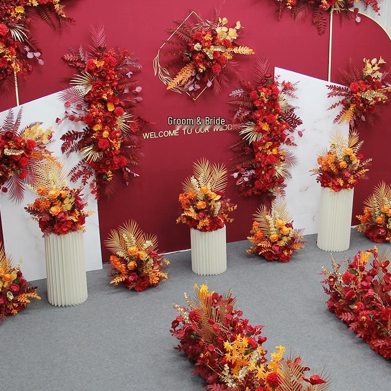 Red Theme Wedding Decoration Set: T-stage, Welcome Area, Ground Row, Aisle, and Flowers in Chinese Style.