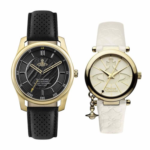 

Vivienne Westwood Pair Watch Storage Box for Men and Women, Black and White Leather, VV185GDBKVV006WHWH