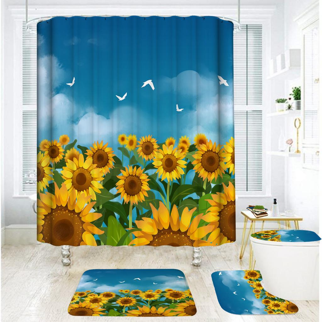 Bathroom Shower Curtain Four-Piece Shower Curtain Waterproof And Mildew-Proof Sunflower Shower Curtain Partition Curtain Free Of Punching