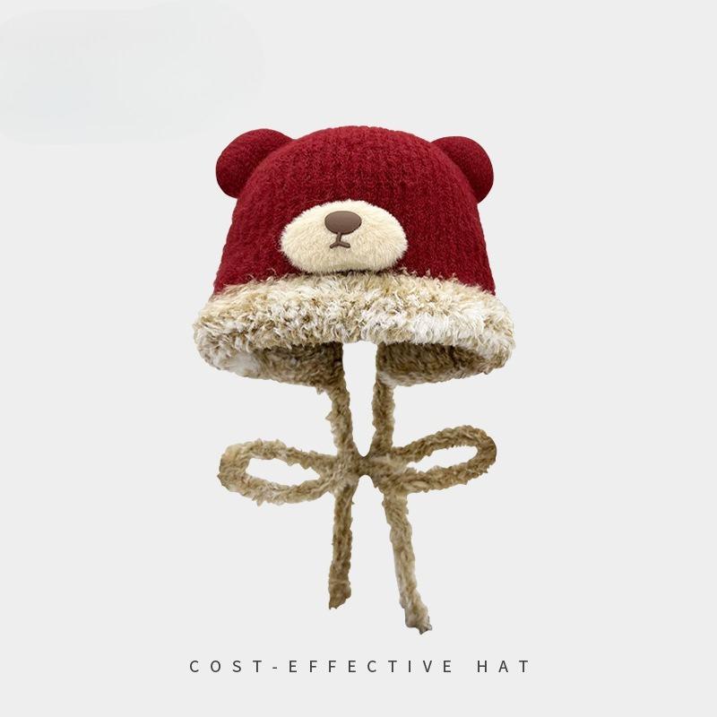 Plush Bear Bag Hat Women's Autumn and Winter Warmth  Fleece Woolen Hat  Cold Proof Ear Protecting Knitted Hat