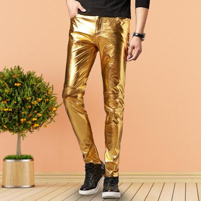 Men Pencil Pants Bright Surface Solid Color Zipper Fly Mid Waist Trousers Faux Leather Slim Fit Motorcycle Pants Streetwear