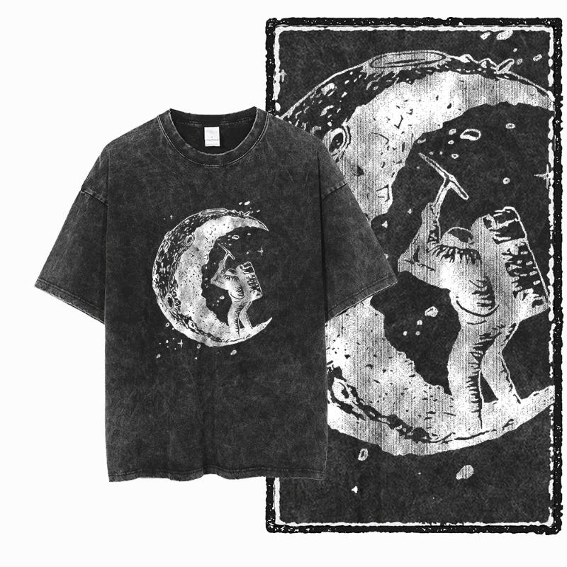 Vintage Space Station T Shirt Men Retro Space Graphic Tee Casual Streetwear Short Sleeve Tops