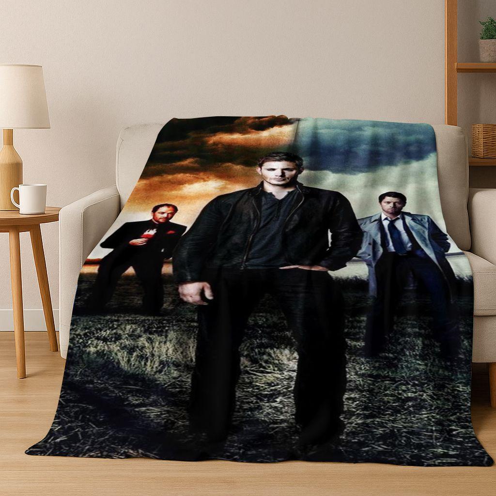 SPN Supernatural Dean Sam Winchester Castiel Flannel Blanket,Cozy Soft Throw Blanket for Home Bedroom Bed Sofa Cover Kids Gift