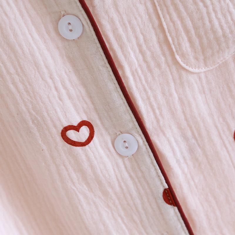 Sommer Baumwollgarn Pyjama Damen Kurzarm Shorts Hose Dreiteiliges Set Liebesdruck Umlegekragen Locker Loungewear