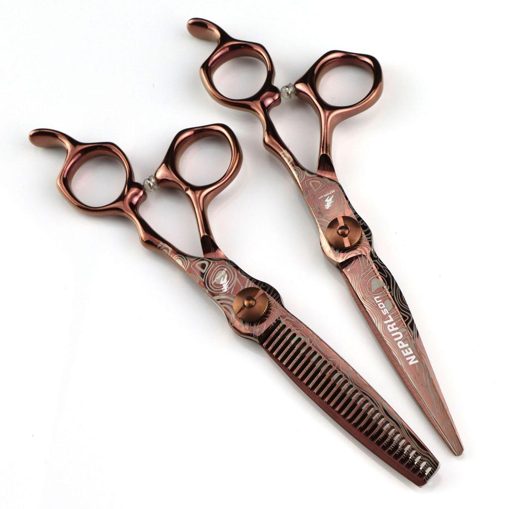 6.0-Inch Bronze Gold Damascus Steel Hairdressing Thinning Scissors with Serrated Blade
