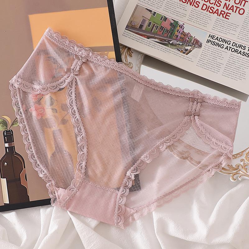 Soft & Cute Cheongsam: Sexy Lace Plus Size Women's Panties with Double Bow, Ice Silk Mesh, Mid-Low Waist.