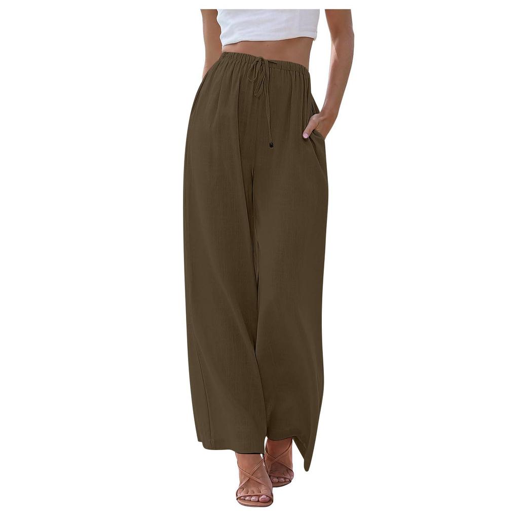 Women's Cotton And Linen Summer Wide-leg Pants Flowing Wide-leg Color Drawstring Beach Pants (with Pockets)