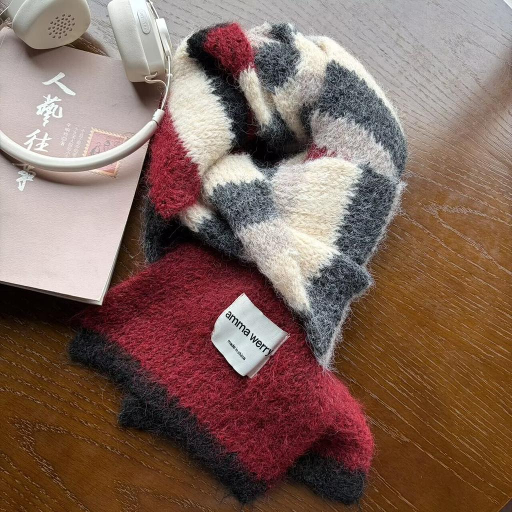 Mohair striped scarf women's autumn and winter thickened warm imitation cashmere shawl contrasting color versatile couple scarf men