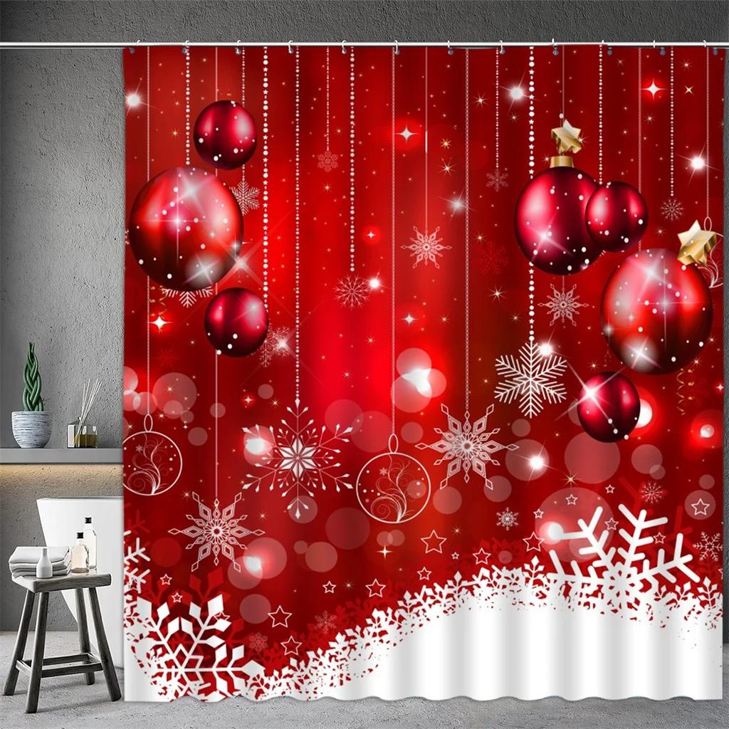 Christmas Shower Curtain, Winter Snowman Santa Claus Snowflake Gnome Farm Truck Berry Christmas Tree Cartoon Bathroom Decoration