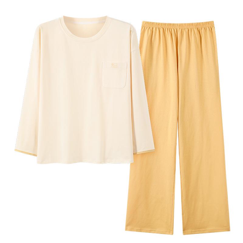 Women's Pure Cotton Pajamas with Chest Pad - Long Sleeve, Plus Size, for Autumn/Winter. Wearable Outdoors, Loose Fit Homewear.