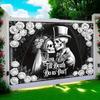 2D Flat lay  1 Gothic Wedding Banner and Photography Backdrop - Black and White Skeleton Couple with Roses and Spiderweb Design