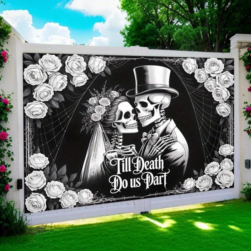 2D Flat lay 1 Gothic Wedding Banner and Photography Backdrop - Black and White Skeleton Couple with Roses and Spiderweb Design