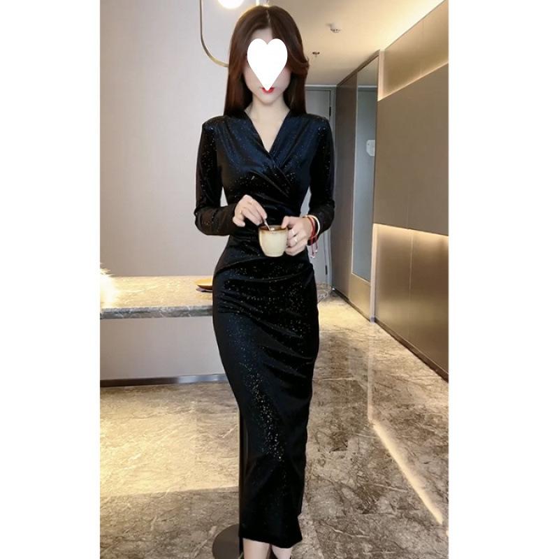 Light luxury sequined velvet black dress autumn new V-neck long-sleeved slim and thin medium and long dress women