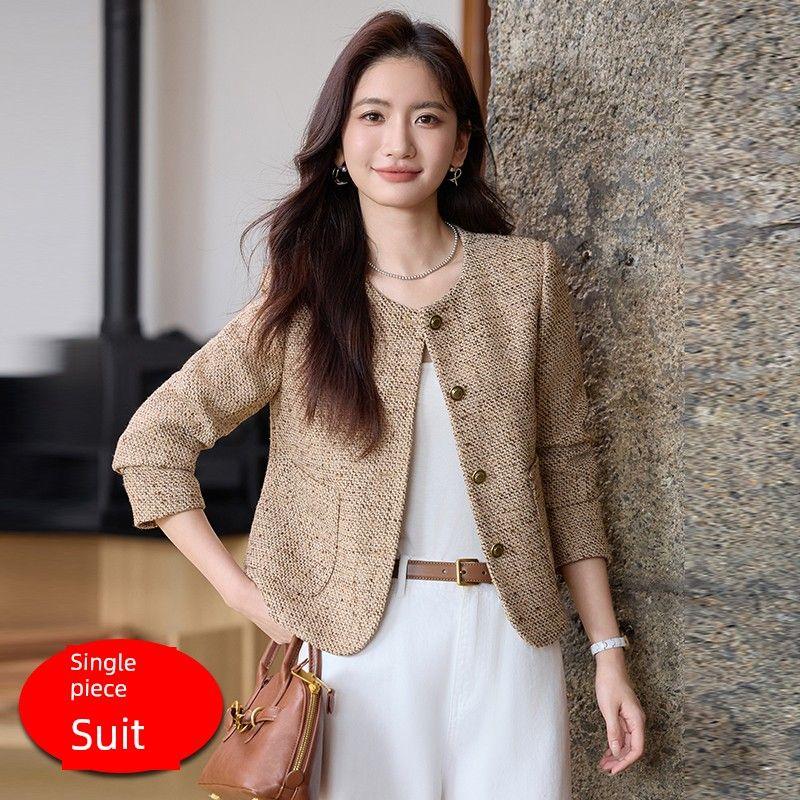 

2025 Новая Весна и Осень Темперамент Кофейный Цвет Изящная Верхняя Одежда Женский Маленький Короткий Шерстяной Клетчатый Костюм Топ One-piece brown suit S