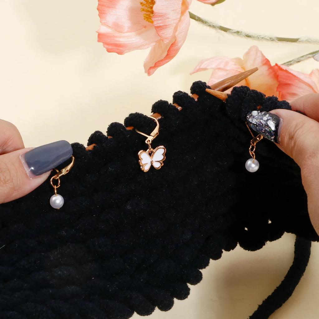 9PCs/set Enamel Colorful Butterfly Imitation Pearl Pendant Knitting Stitch Markers Crochet Latch For DIY Craft Marker Tools