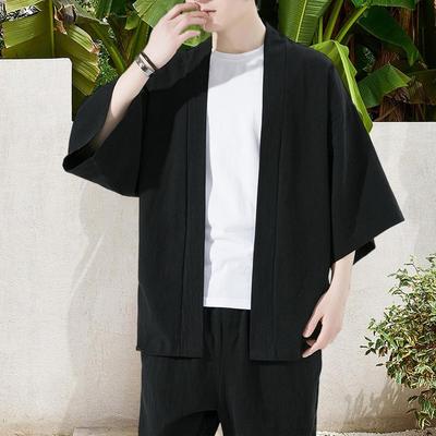 Chemise d'été pour hommes, couleur unie, cardigan ouvert, point chinois, grande taille, manches trois-quarts, doux, respirant, séchage rapide