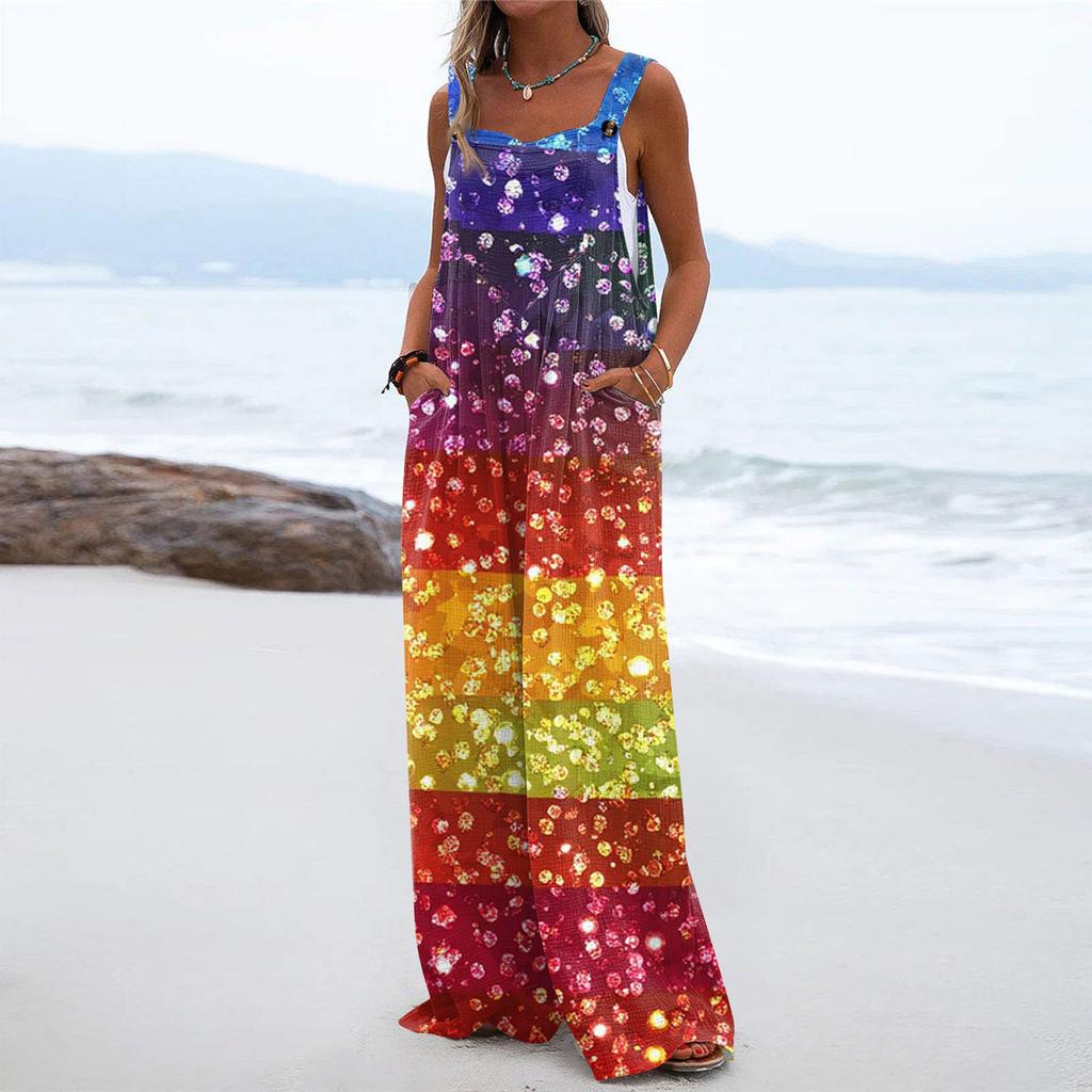 Salopette a gamba larga da donna casual ampia senza maniche con stampa bottoni pantalone lungo tutina jumpsuit con tasche