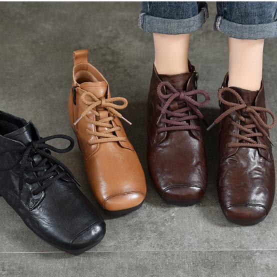 Johnature Genuine Leather Pleated Short Boots Round Toe Soft Sole Lace Up Versatile Women's Shoes