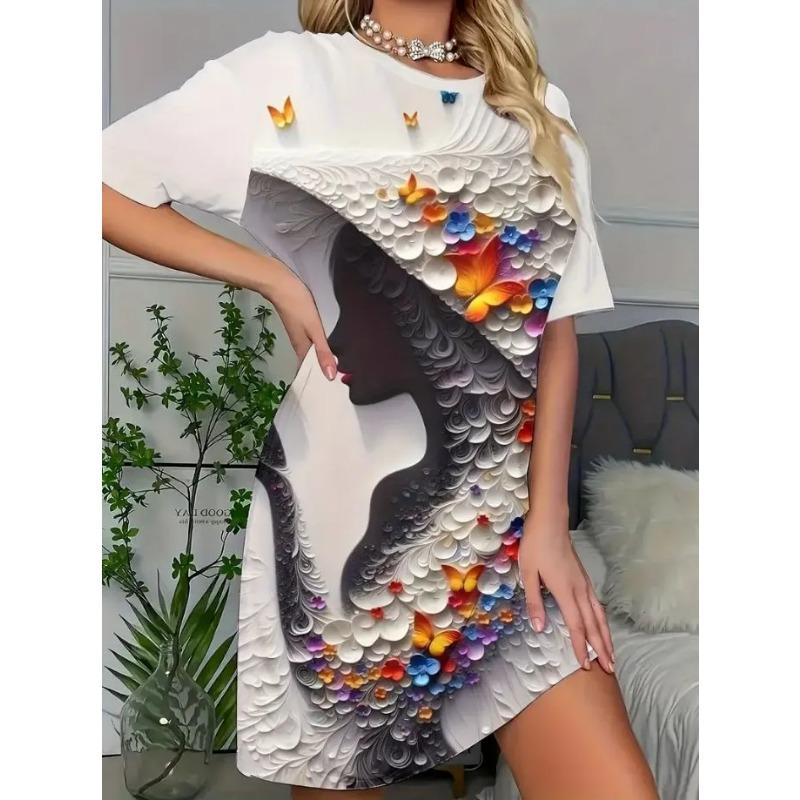 Plus Size Casual Dress with Cute Girl Print and Round Neck