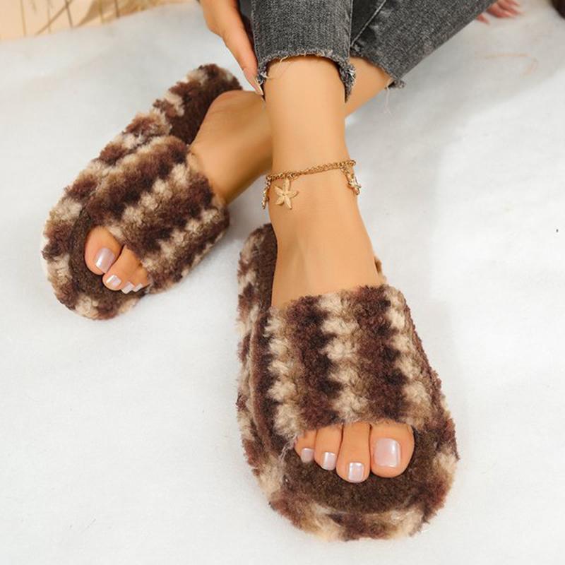 Fashion Retro Soft Bottom Cotton Slippers Women 2025 Striped Mix Color Women's Cotton Slippers Open Toe Slip On Plush Slides Mujer
