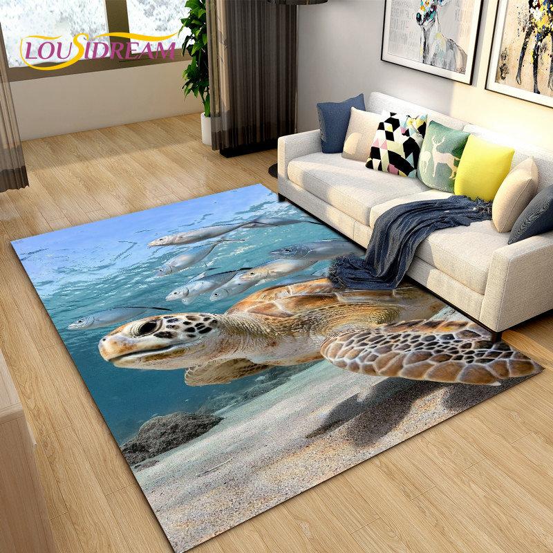 3D Underwater World Sea Turtle Dolphin Area Rug Large,Carpet Rug for Living Room Bedroom Sofa Doormat Kitchen,Non-slip Floor Mat