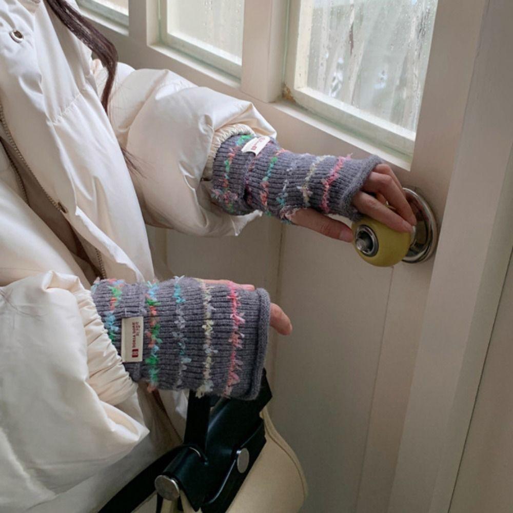 Thickened Stripes Knitted Gloves Y2k Fingerless Mittens Kawaii Women Winter Gloves  Student