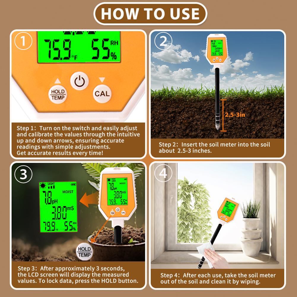 Soil PH Meter Tester Soil Tester PH Moisture Meter Temperature Sunlight Intensity Measurement Analysis Soil Acidity Test 6 In 1