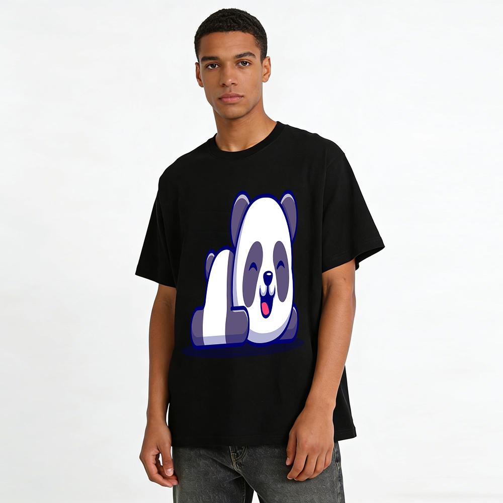 Cute Lying Panda Print Casual T-Shirt Unisex Versatile Crewneck Top Pure Cotton T-shirt