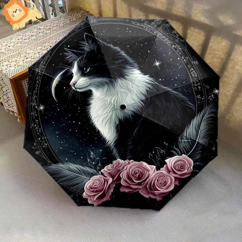 1 PC Automatic Folding Umbrella - Black and White Cat with Moon Pattern, Portable & Foldable Design with 8 Ribs, Christmas Birthday Gifts