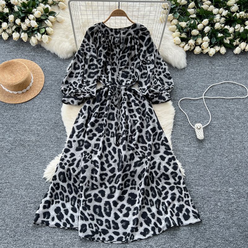 French Style Retro Minority Print Dress Female 2024 Autumn Lace-up Waist-Controlled round Neck Lantern Sleeve Slimming Long Dress