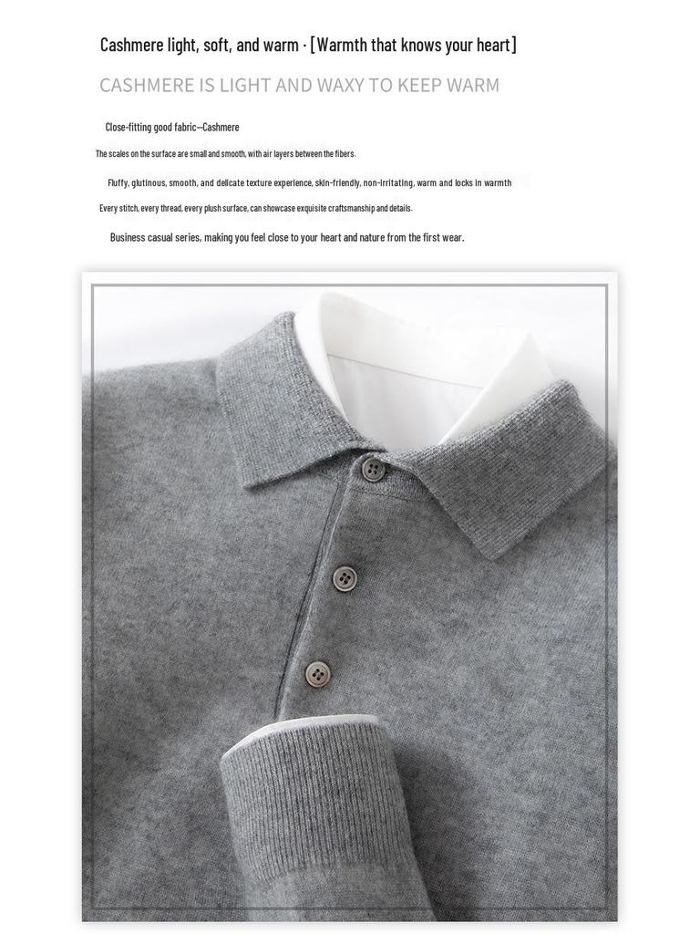 Men's Cashmere Polo Collar Sweater, Solid Color Knitwear, Long Sleeve Button-Up Pullover for Autumn/Winter
