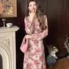 Autumn Light French Floral Cross-Strap Slimming Elegant Long Dress