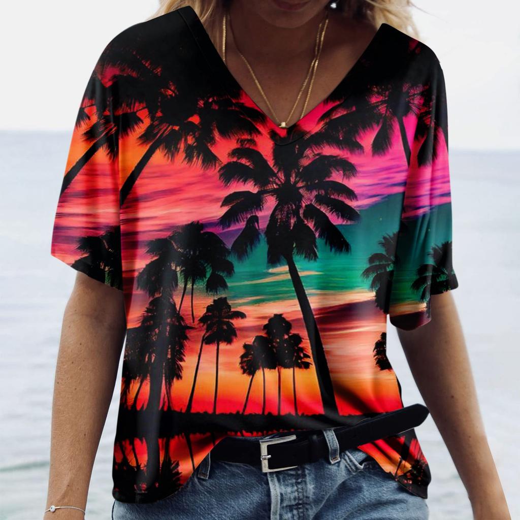 Damenmode, lässig, bedruckt, kurzärmelig, V-Ausschnitt, Top-Bluse