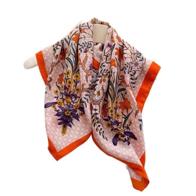 Headscarf, Scarf, Square Scarf, Silk Scarf, Shawl, Imitation Velvet, Orange Edge, Flower Pattern, Cotton and Linen Sunscreen, Scarf, Female Feeling, S